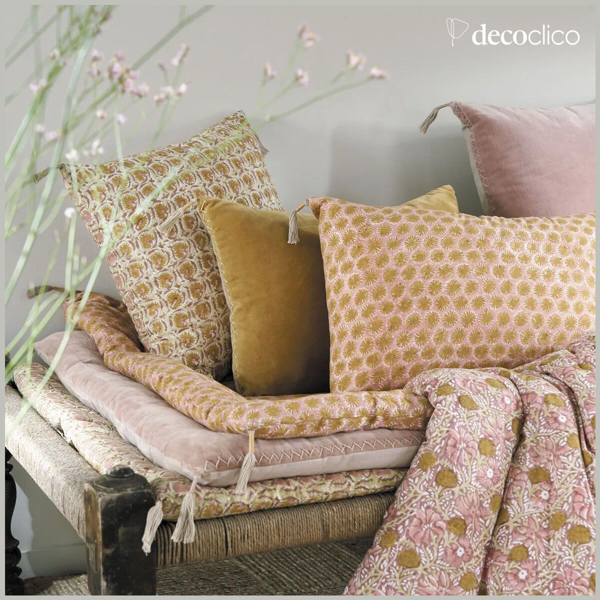 Tokyo pink and mustard printed cotton mattress topper - 80x180 cm