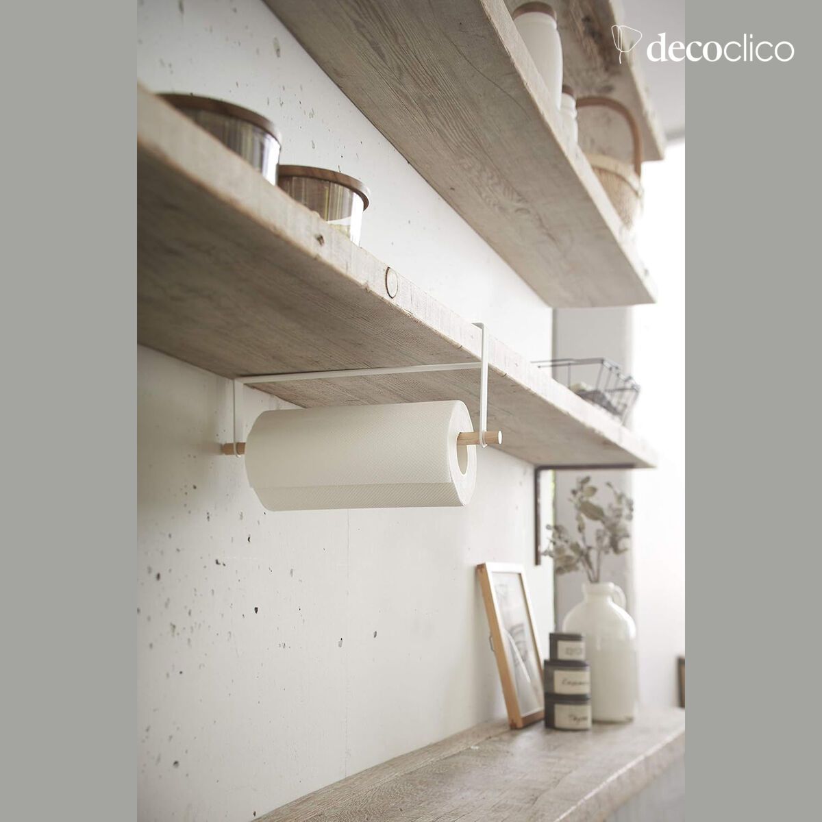 White steel and natural ash kitchen roll holder Tosca