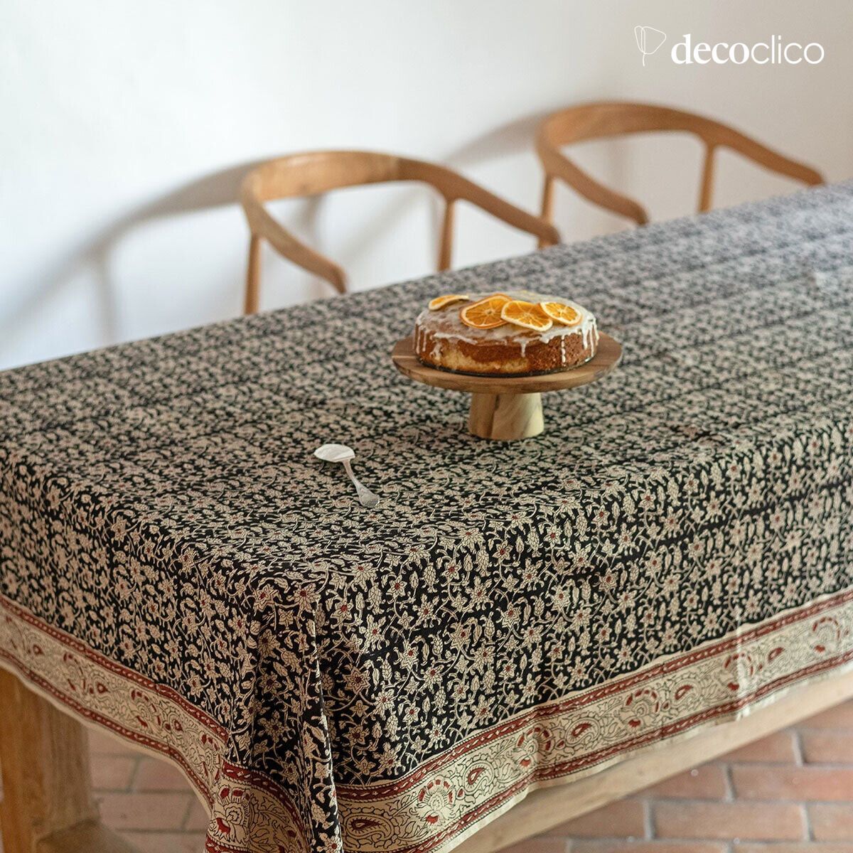 Tovaglia rettangolare in cotone block print fatta a mano, dominante antracite Pamir