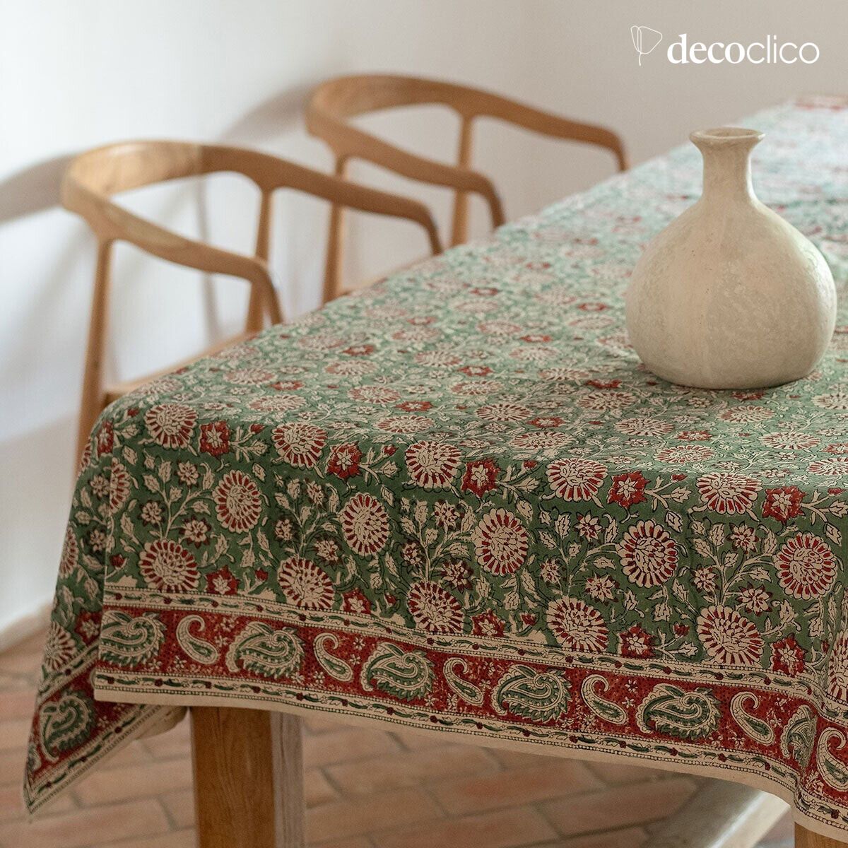 Tovaglia rettangolare in cotone block print fatta a mano, dominante verde Pamir