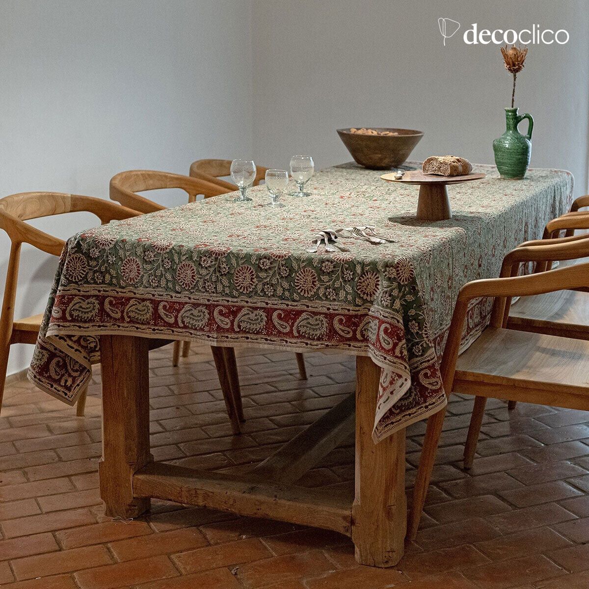 Tovaglia rettangolare in cotone block print fatta a mano, dominante verde Pamir