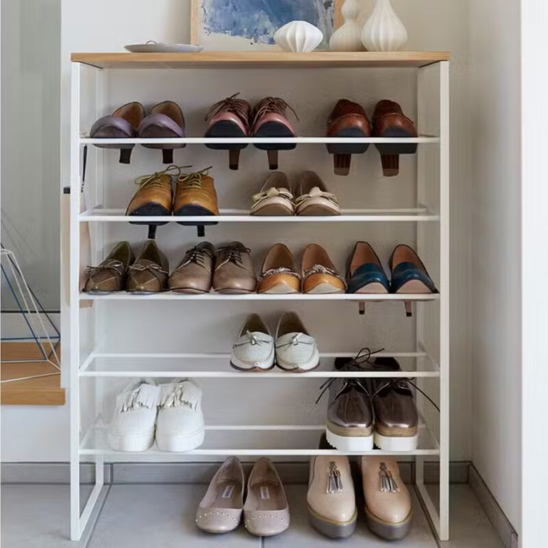 6-tier shoe rack in white steel and natural-colored wood Tower
