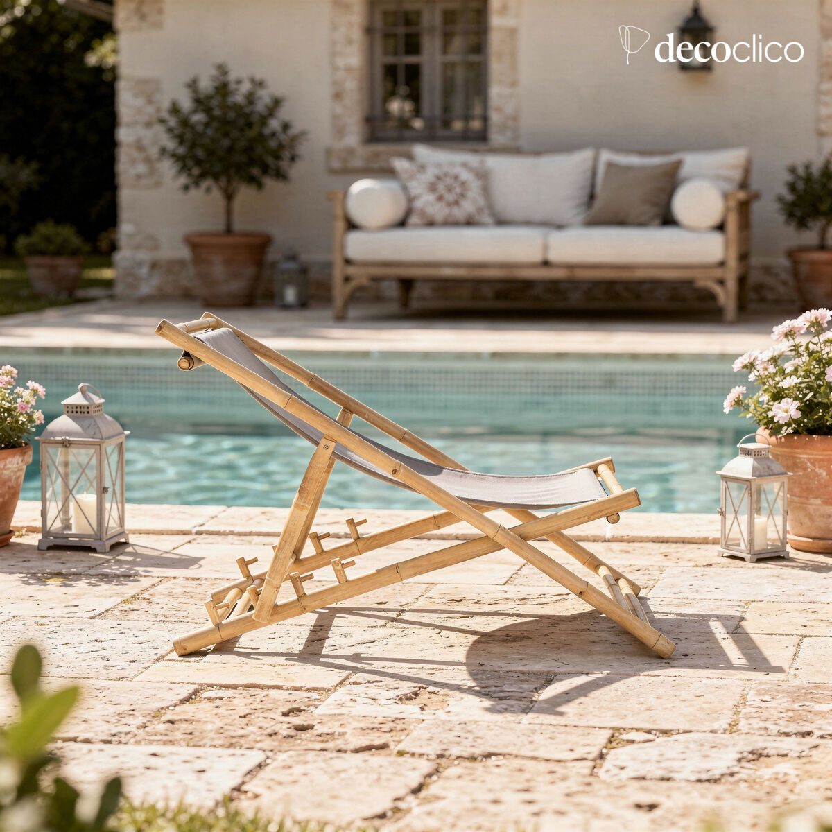 Transat chilienne en bambou naturel tissu gris outdoor Taman