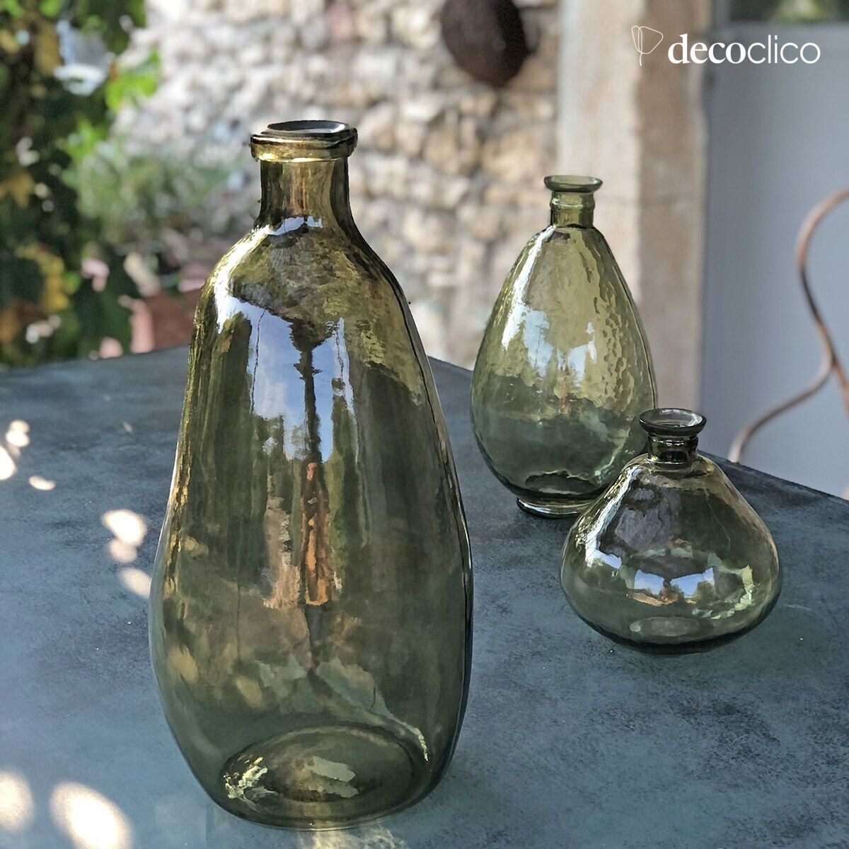 Vase Flasche aus grünem, gepresstem Glas 40 x 17 cm