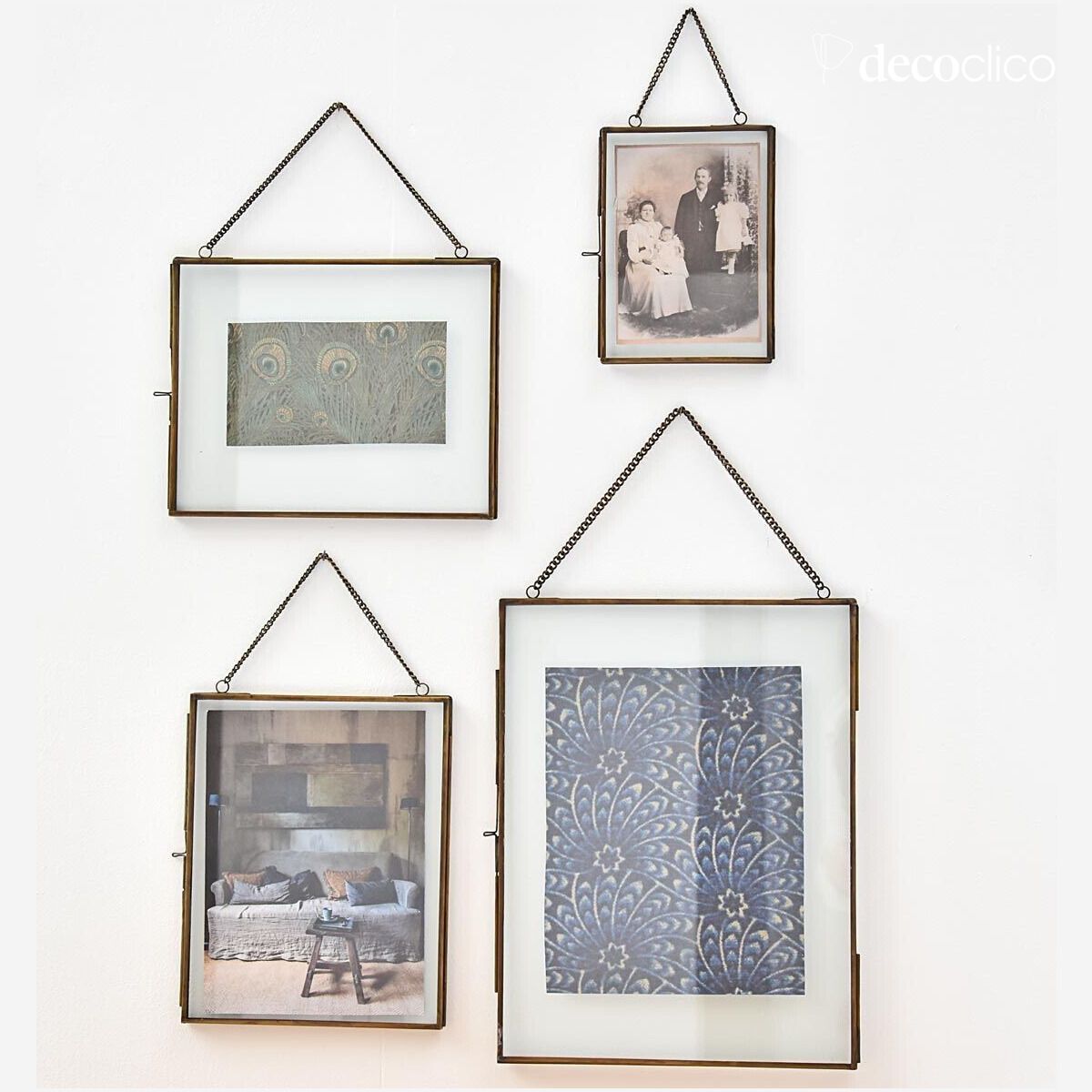 Verticale fotolijst met glas en metalen ketting in antiek messing afwerking Mira