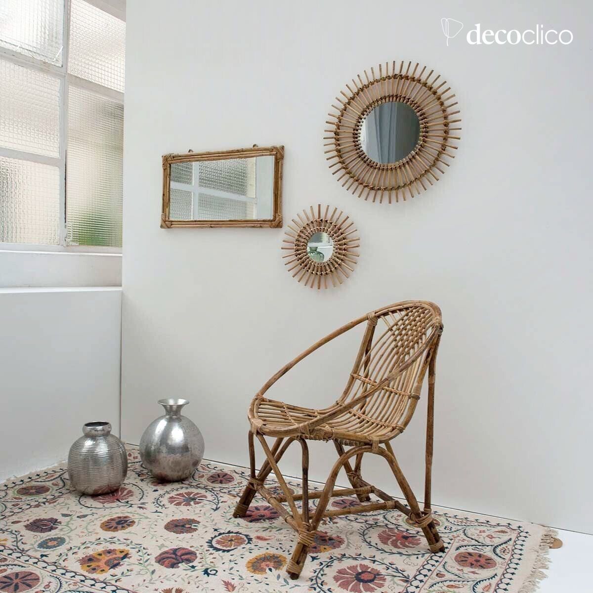 Vintage sunburst spiegel in natuurlijk rotan 30 cm Moka