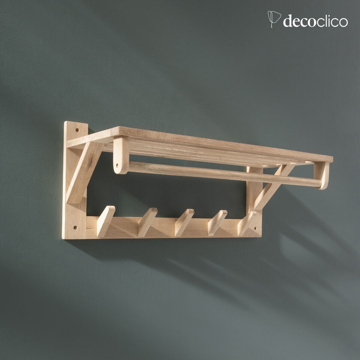 Wall-mounted coat rack with 5 hooks in natural FSC oak Mood