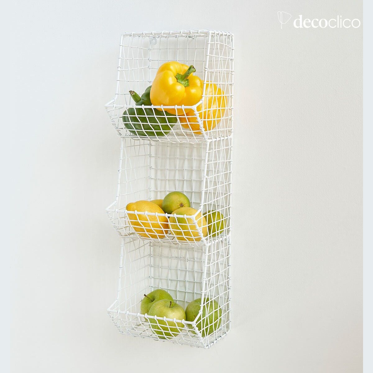 Wall-mounted wire shelf in matt white finish with 3 baskets Greed
