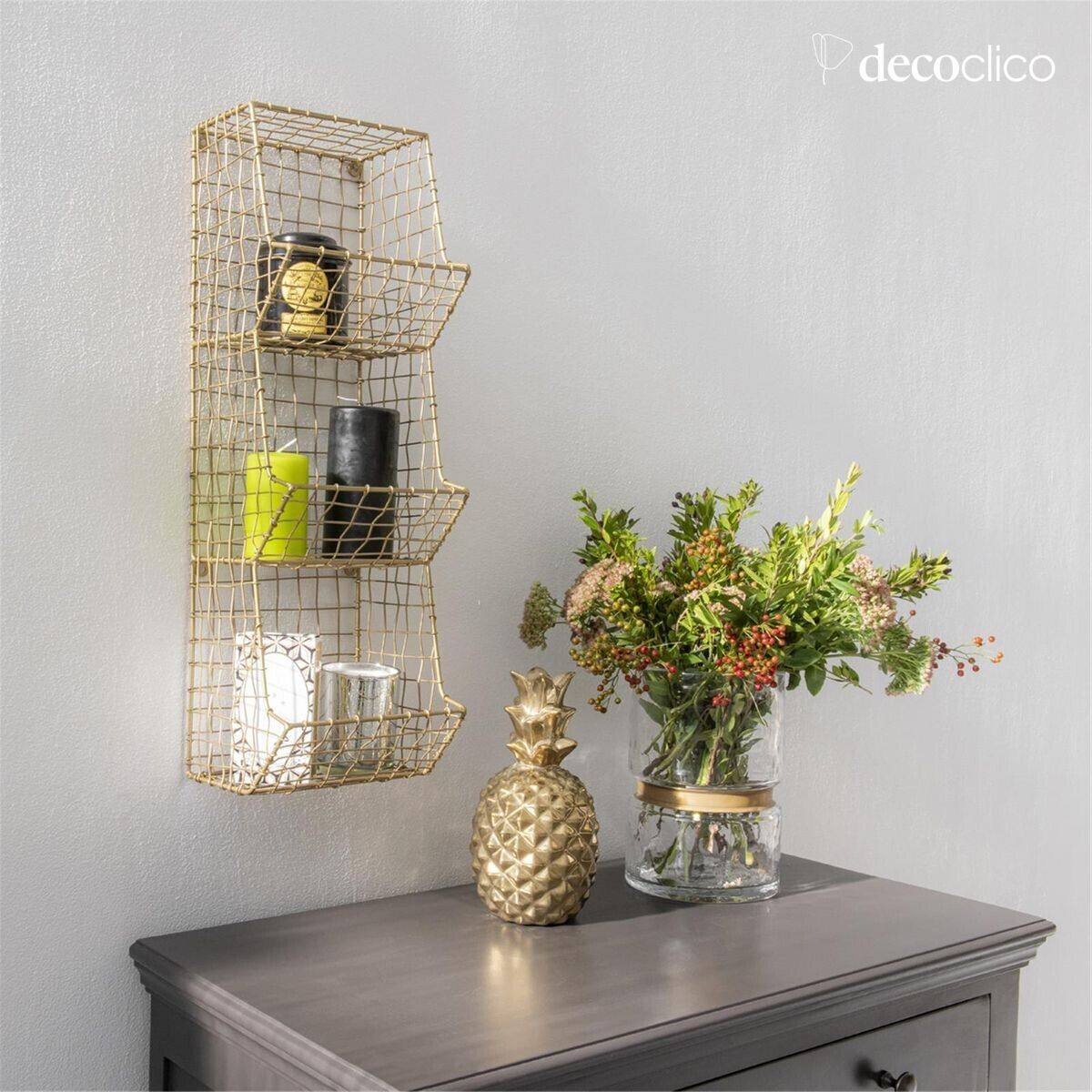 Wall shelf in gold mesh metal with 3 baskets Greed