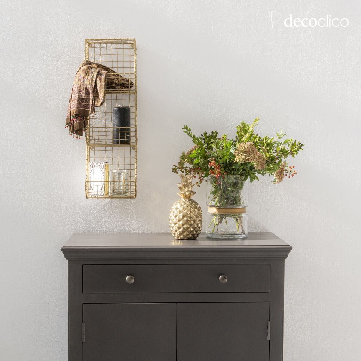 Wall shelf in gold mesh metal with 3 baskets Greed