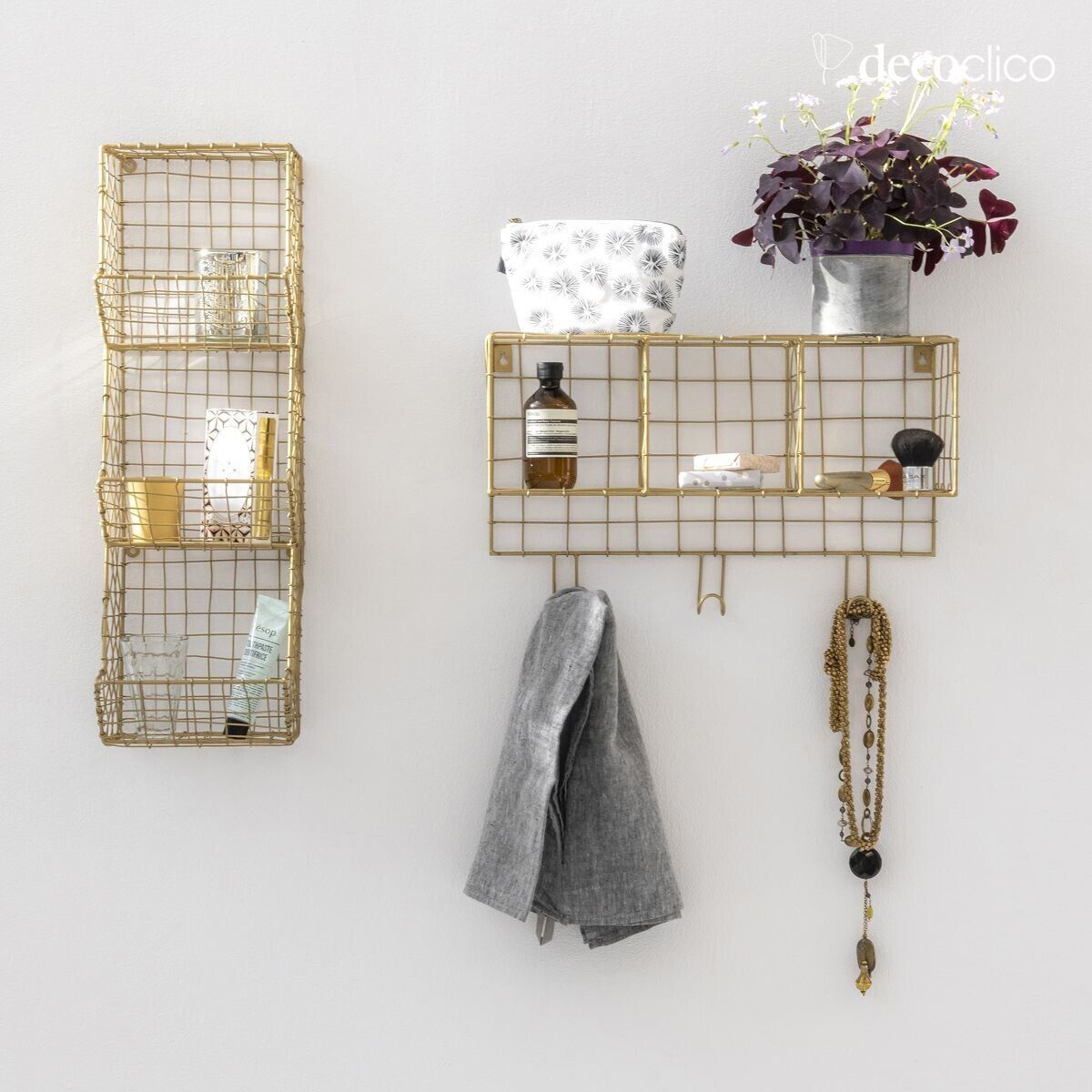 Wall shelf in gold mesh metal with 3 baskets Greed