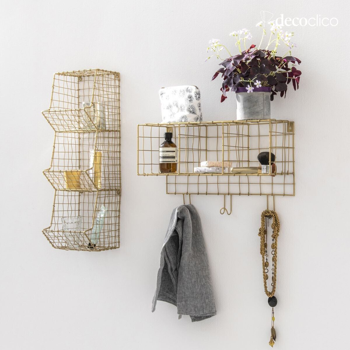 Wall shelf in gold mesh metal with 3 baskets Greed