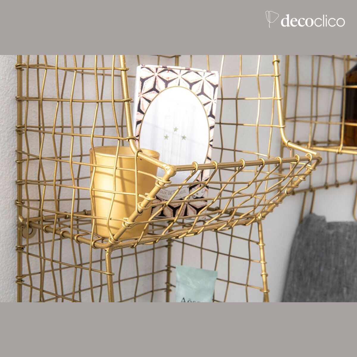 Wall shelf in gold mesh metal with 3 baskets Greed