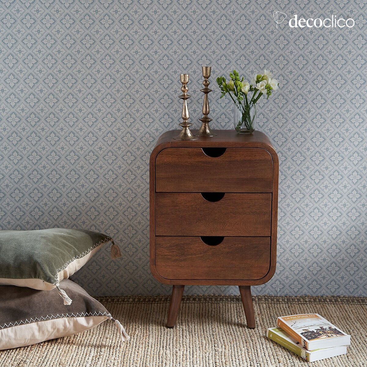 Walnut-stained mango wood bedside table with 3 drawers Hanko