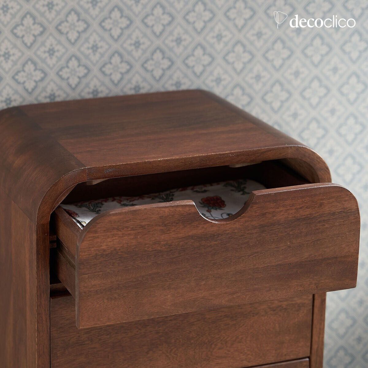 Walnut-stained mango wood bedside table with 3 drawers Hanko