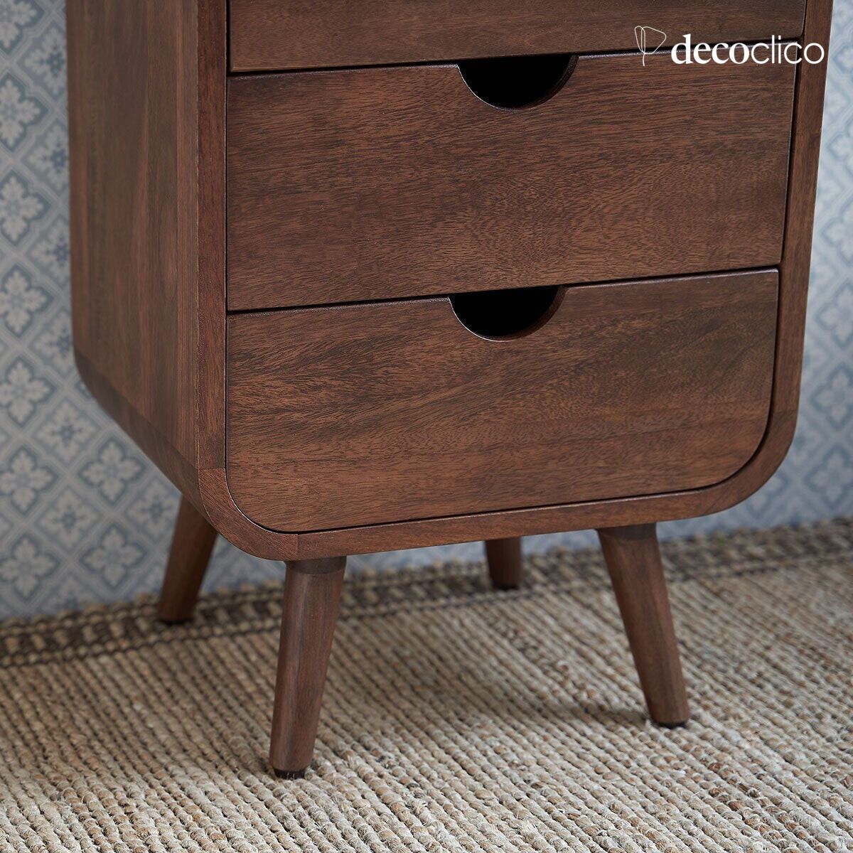 Walnut-stained mango wood bedside table with 3 drawers Hanko
