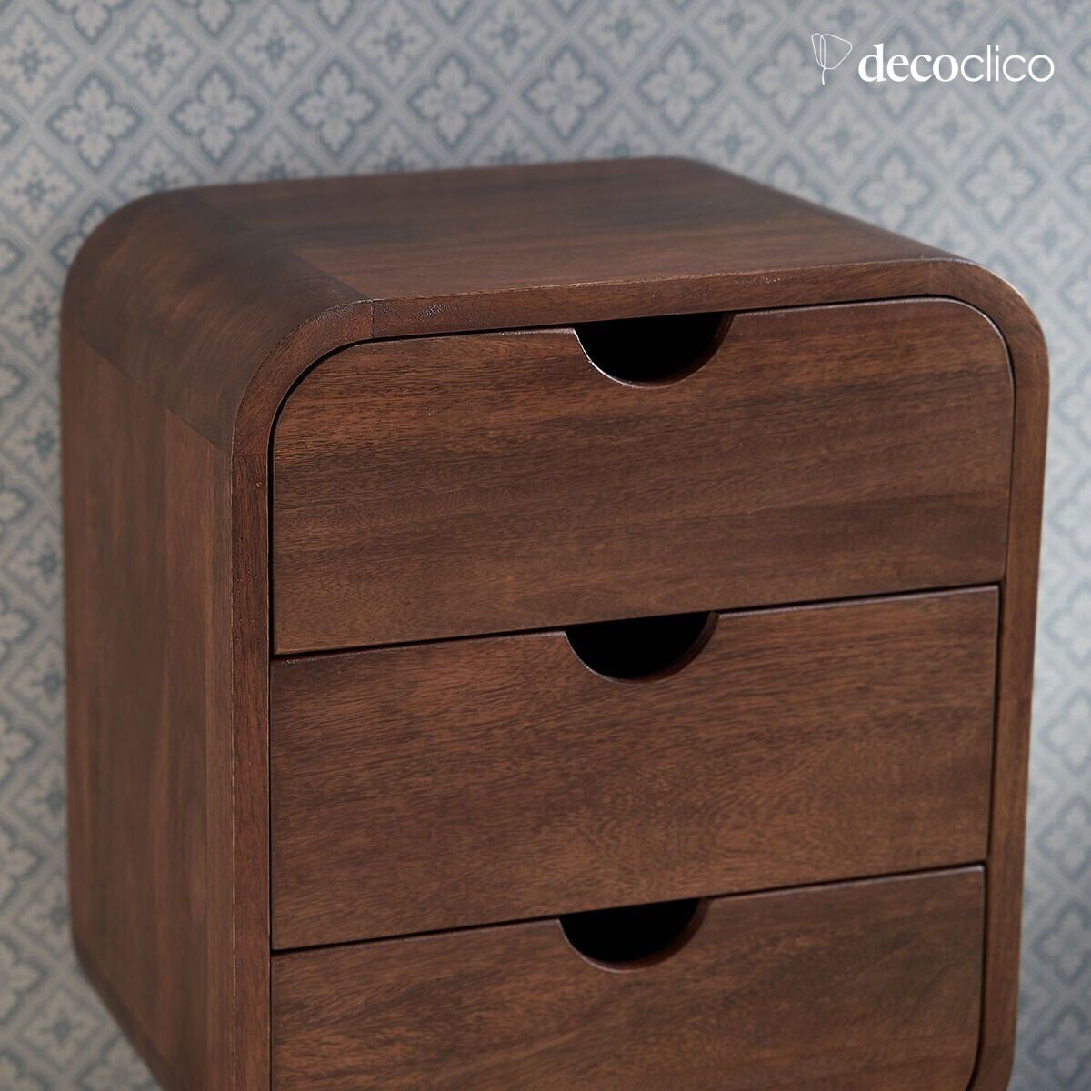 Walnut-stained mango wood bedside table with 3 drawers Hanko