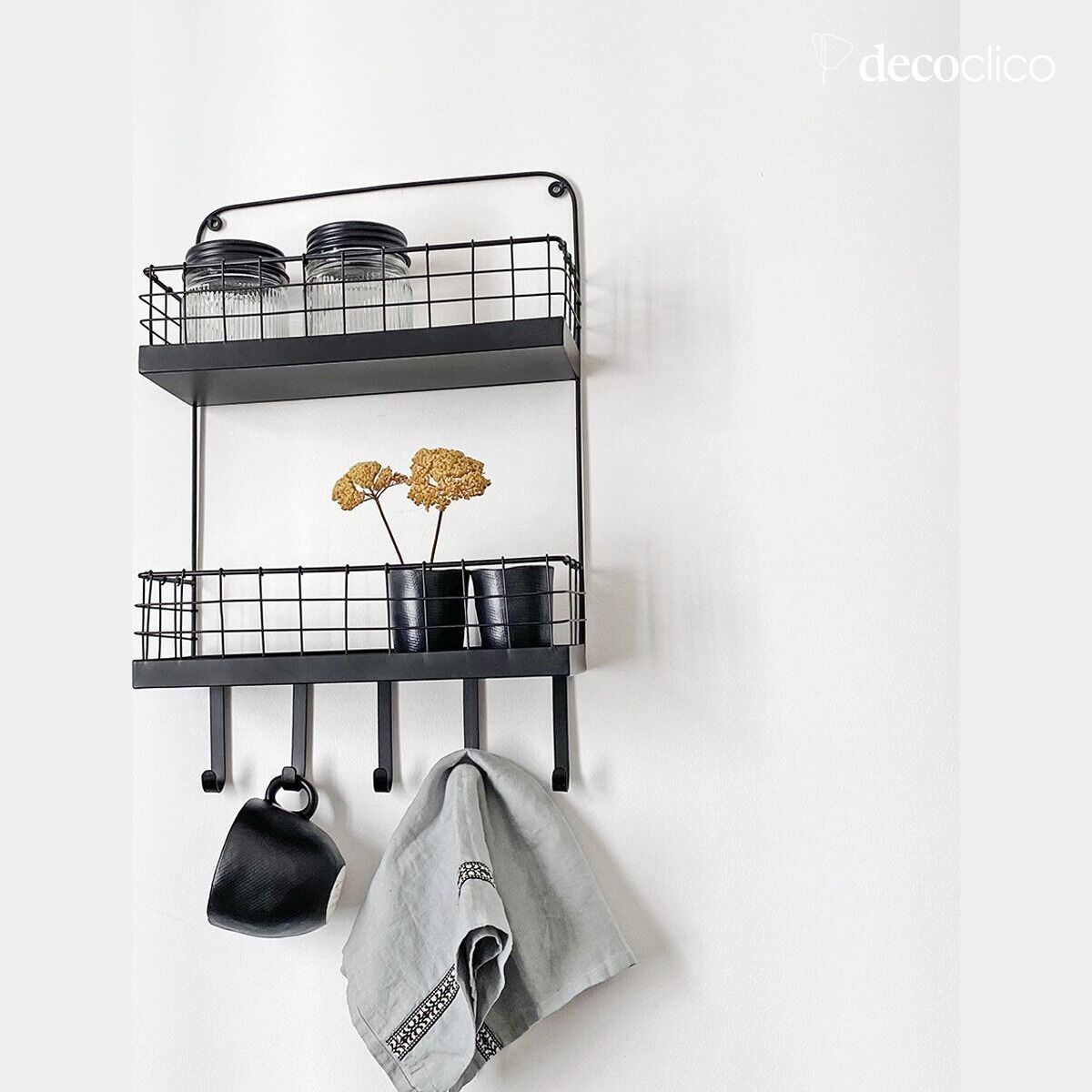 Wandplank van matzwart draadraster met 2 niveaus en haken