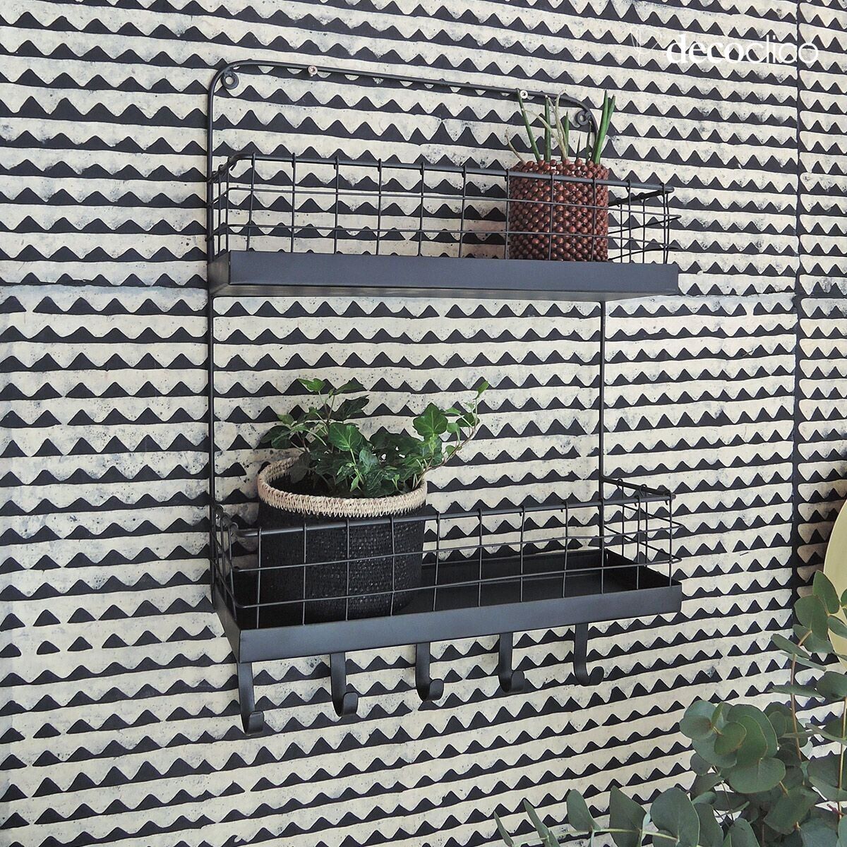 Wandregal aus Metallgitter, schwarz matt, 2 Ebenen und Haken