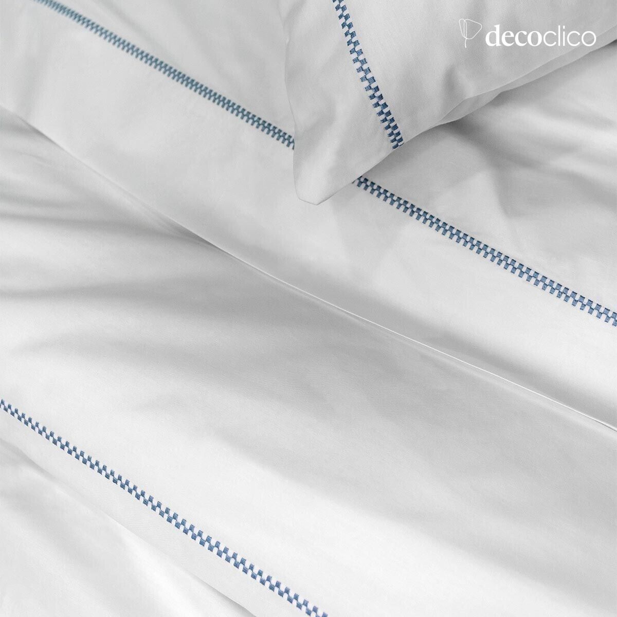 White flat cotton percale sheet with blue topstitching 240x300 cm Céleste
