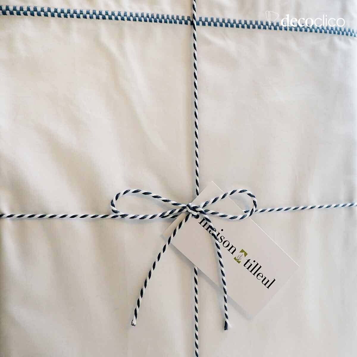 White flat cotton percale sheet with blue topstitching 240x300 cm Céleste