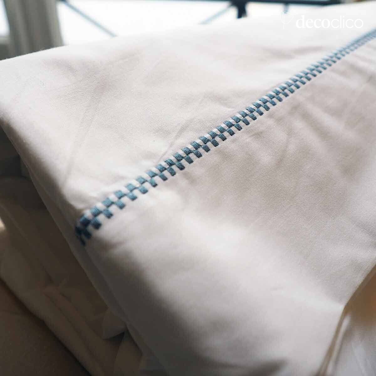 White flat cotton percale sheet with blue topstitching 240x300 cm Céleste