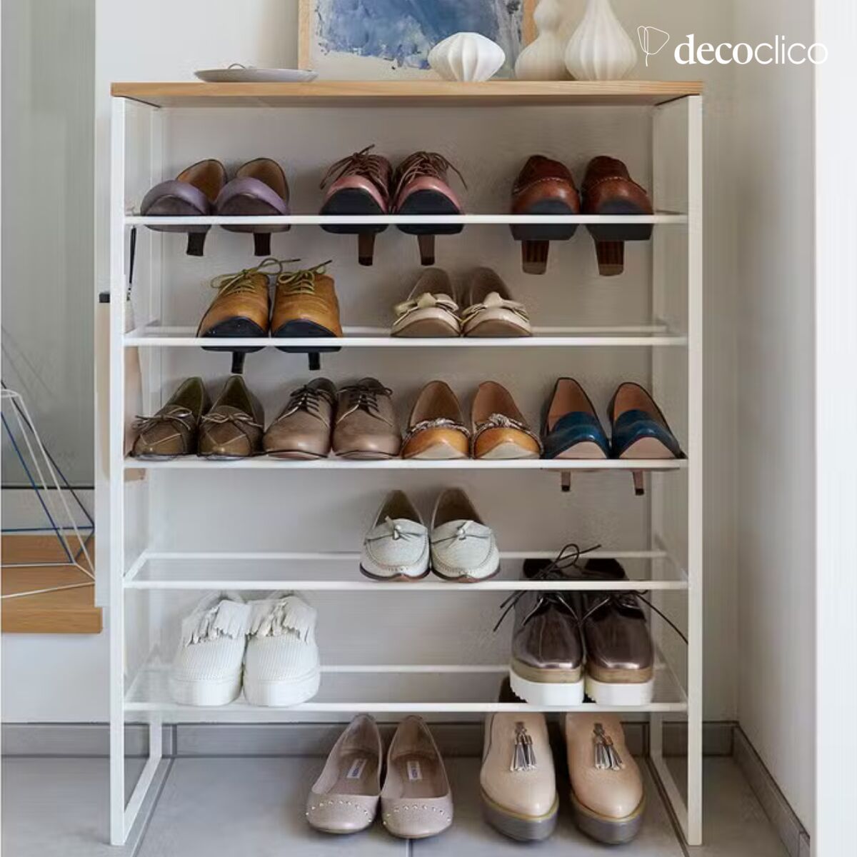 Zapatero de 6 niveles de acero blanco y madera natural Tower