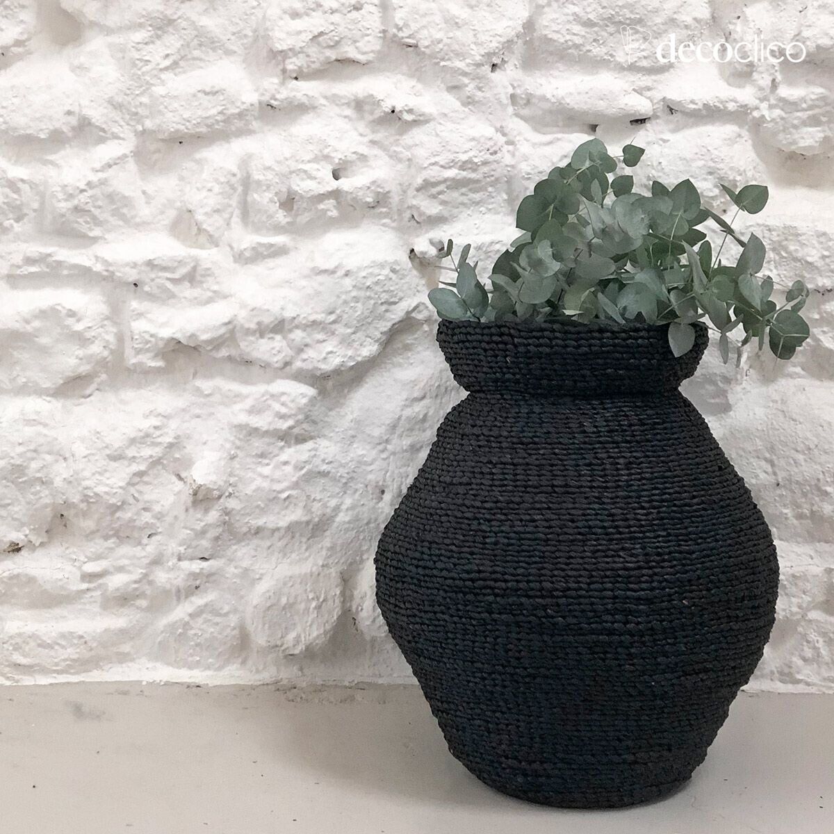 Zwart gebeitst geweven mendong pot H50 cm Sumba