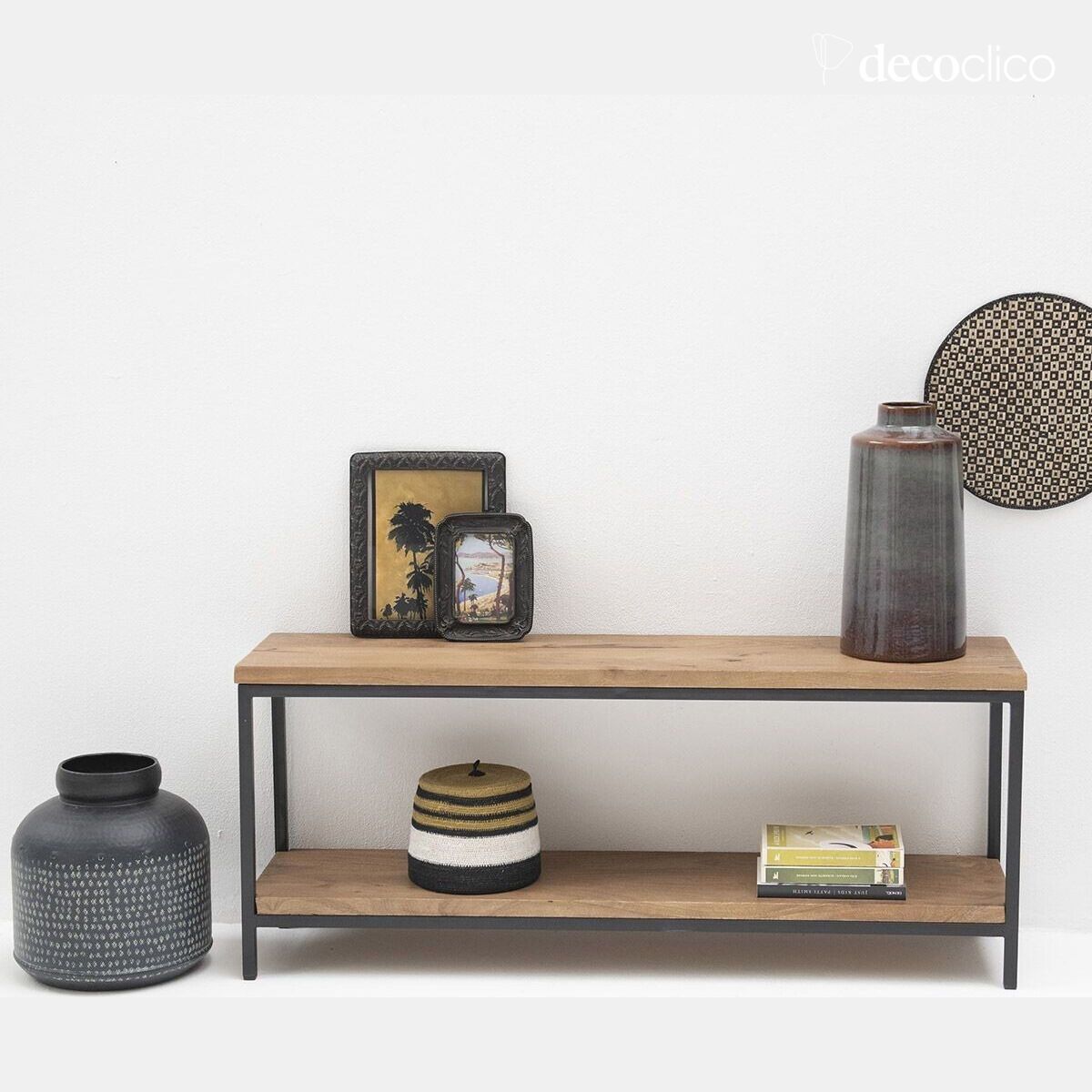 Zwart metalen TV-meubel of bank met mangohouten dubbel blad Brooke