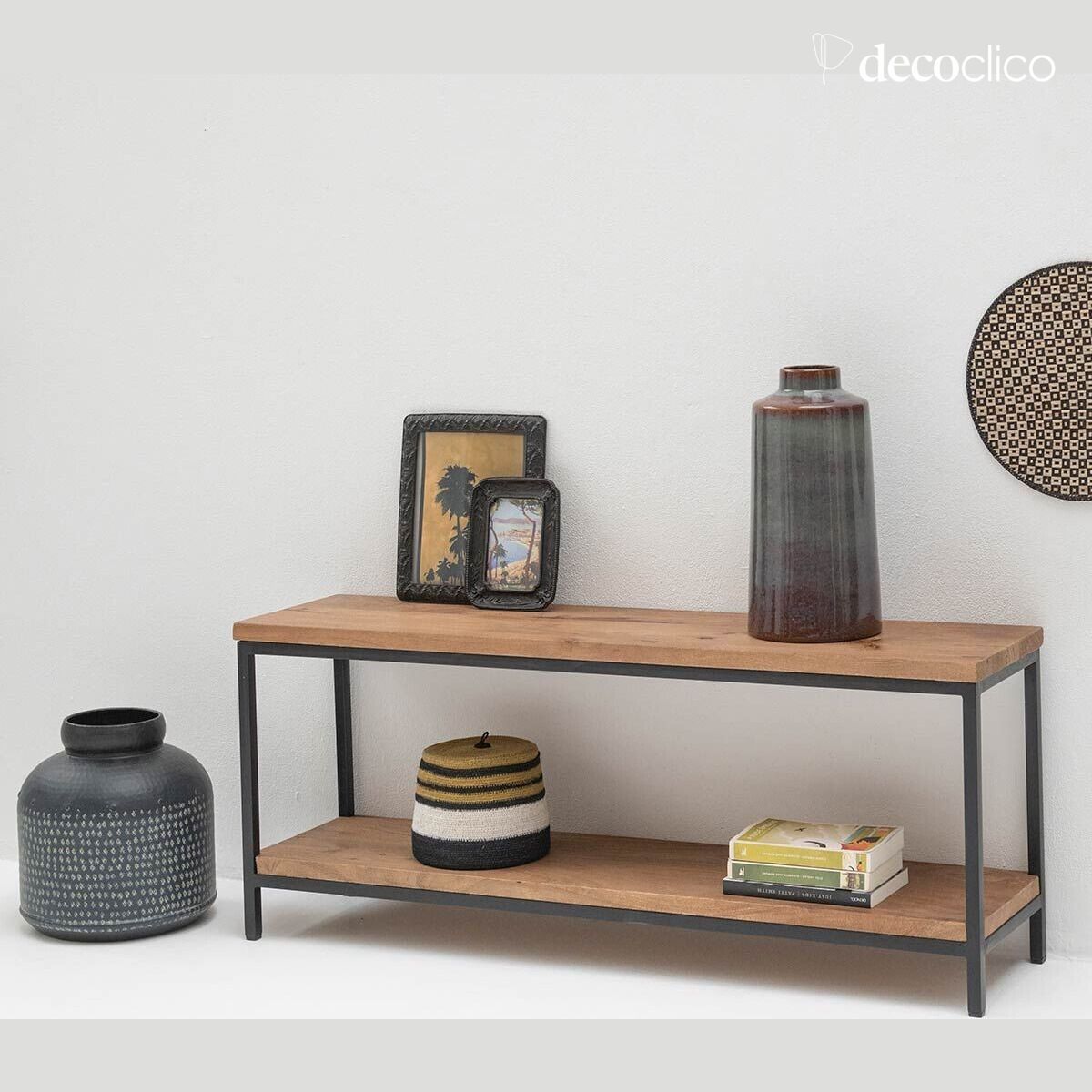 Zwart metalen TV-meubel of bank met mangohouten dubbel blad Brooke